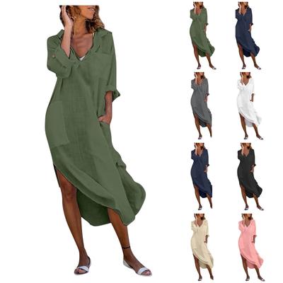Damen Einfarbiges Button-Down Lockeres Atmungsaktives Freizeit-Hemd Baumwoll- und Leinenkleid