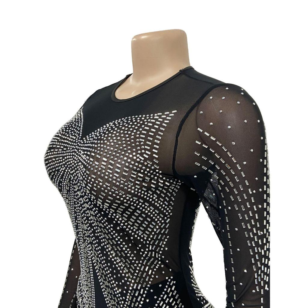 Europäisches & Amerikanisches Mode Damen Einfarbiges Netz Durchsichtiges Langarmkleid mit Heißbohrdetails