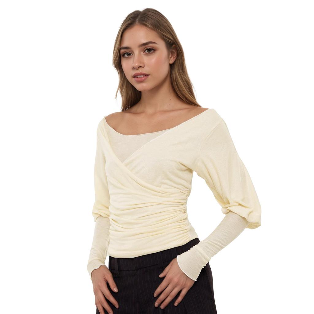 Q25TP254 Versatile Low-Neck Lantern Sleeve Ruched Short T-Shirt for Summer and Autumn