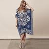 Navy Blue Floral Chiffon V-Neck Bikini Cover-Up Dress for Women