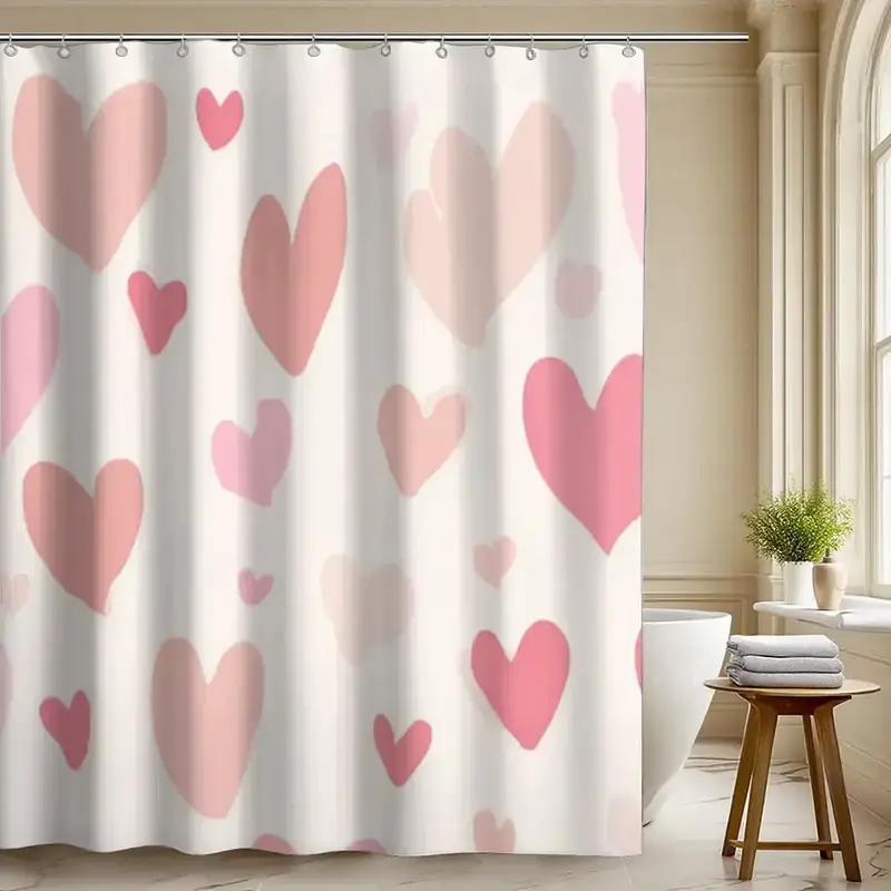 Heart-Patterned Shower Curtain With 12 Hooks, Polyester Fabric, Machine Washable, Suitable For Bathroom Dcor.