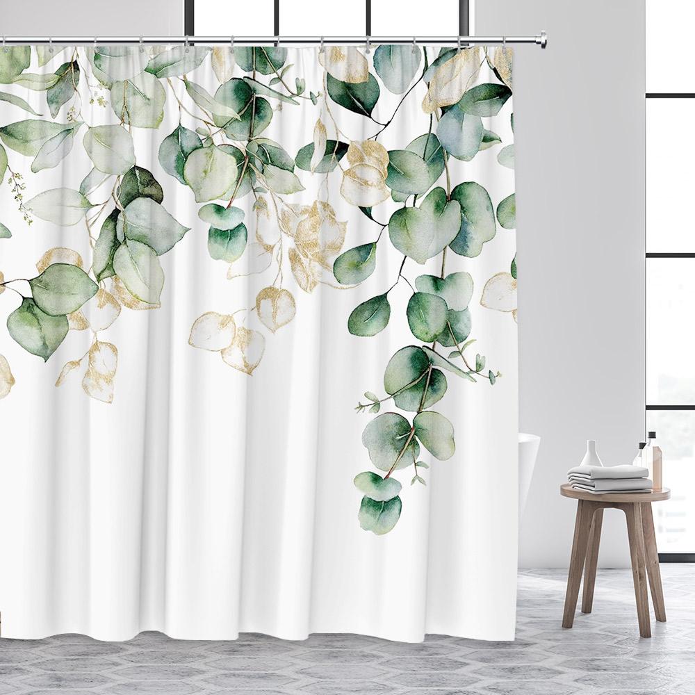 Green Eucalyptus Leaves Shower Curtain Watercolour Floral Butterfly Tropical Plant Leaf Polyester Fabric Decor Bathroom Curtains