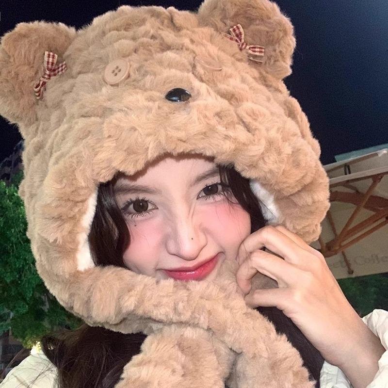 Cartoon Bear Plush Hat Autumn and Winter Scarf Hat Integrated Hat Thickened Windproof Warm Versatile Scarf