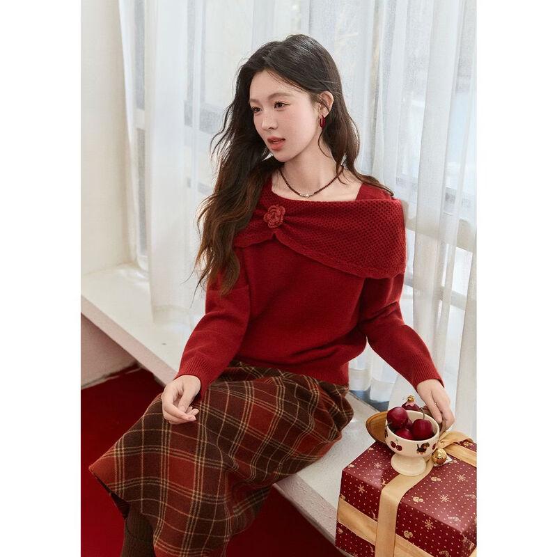 Women's Festive Red 3D Floral Alpaca Blend Sweater