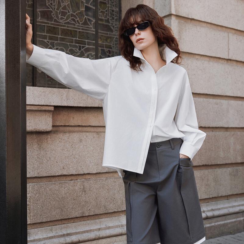 ELLE Women s Irregular Hem Cotton Lapel Shirt XL белый