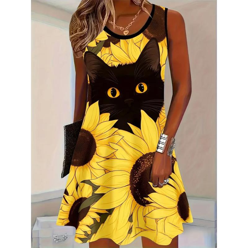 Fashion Women's Crew Neck Dress 3D Casual Color Printing Casual Dress Crew Neck Dress