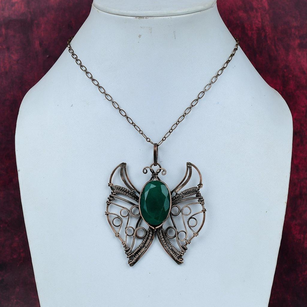 Faceted zambian emerald pendant copper wire wrapped pendant gemstone copper jewelry handmade butterfly pendant wire wrap jewelry for gifts