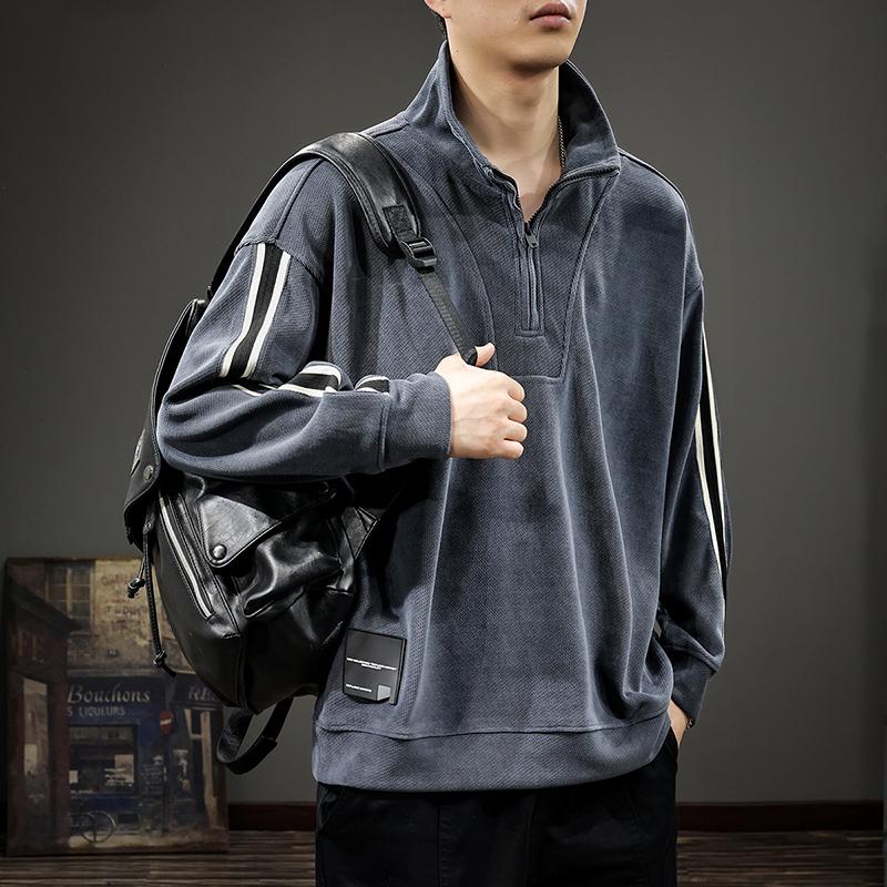 

Американский ретро-свитер с полумолнией и воротником-стойкой, мужской, осенний, в тяжелую полоску, с длинными рукавами, свободный повседневный топ 3XL темно-серого