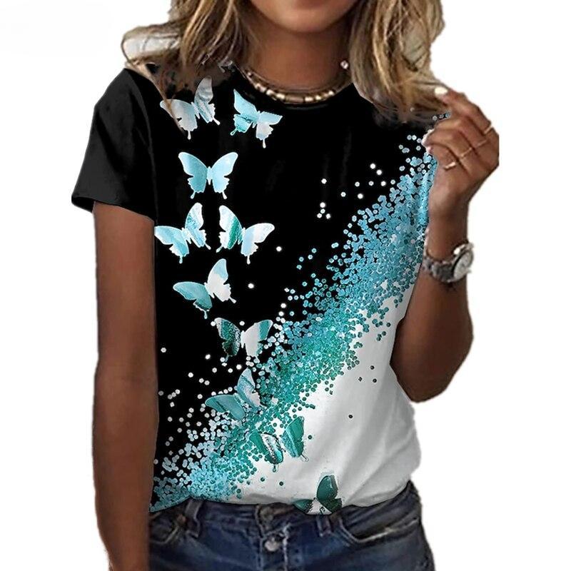 Butterfly Lady T-shirt 3D Floral Print Round Neck Casual Niche Design Sense Clothing Female Pattern Lovely Short Sleeve EMA