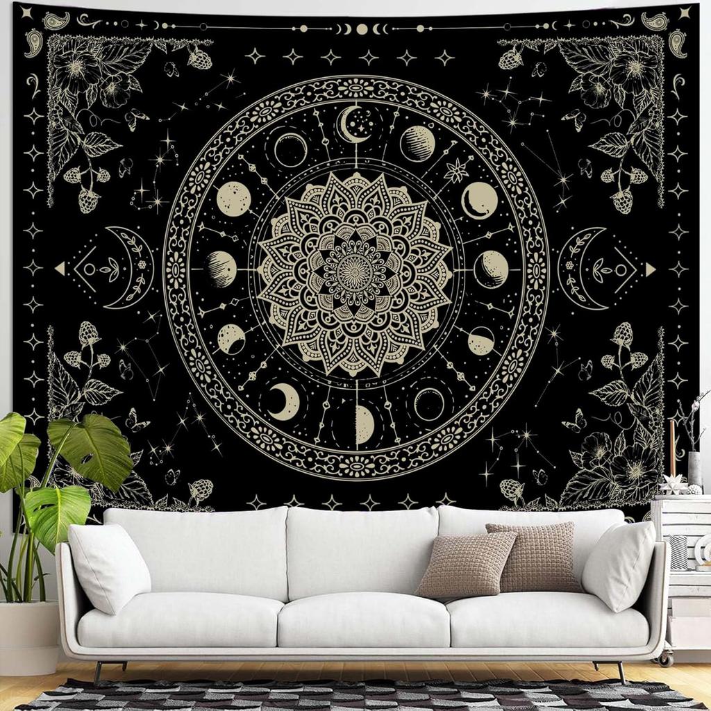 Mandala Moon Tapestry Boho Tapestry for Bedroom Black Tapestries Wall Hanging Living Room Wall Art and Home Decor
