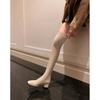 First encounter with Ji Square Head Thick Heel Over Knee Long Boots Elastic Skinny Boots Khaki Long Boots Skinny