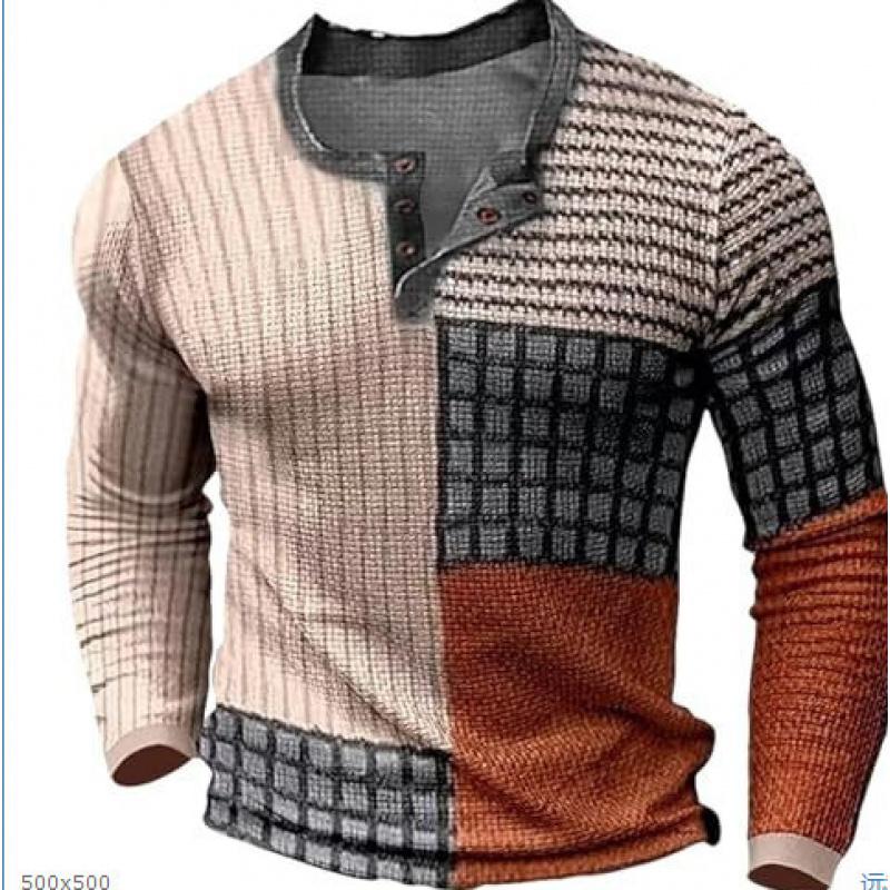 Men's New Long Sleeve T-Shirt 3D Printed Patchwork Color Casual Fashion Open Front 3 Button T-Shirt