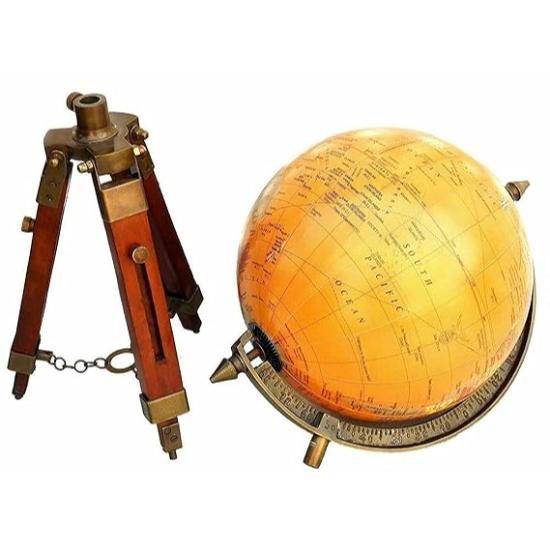 Nautical World Map Globe Ornament On Wooden Tripod Stand Desk Decor