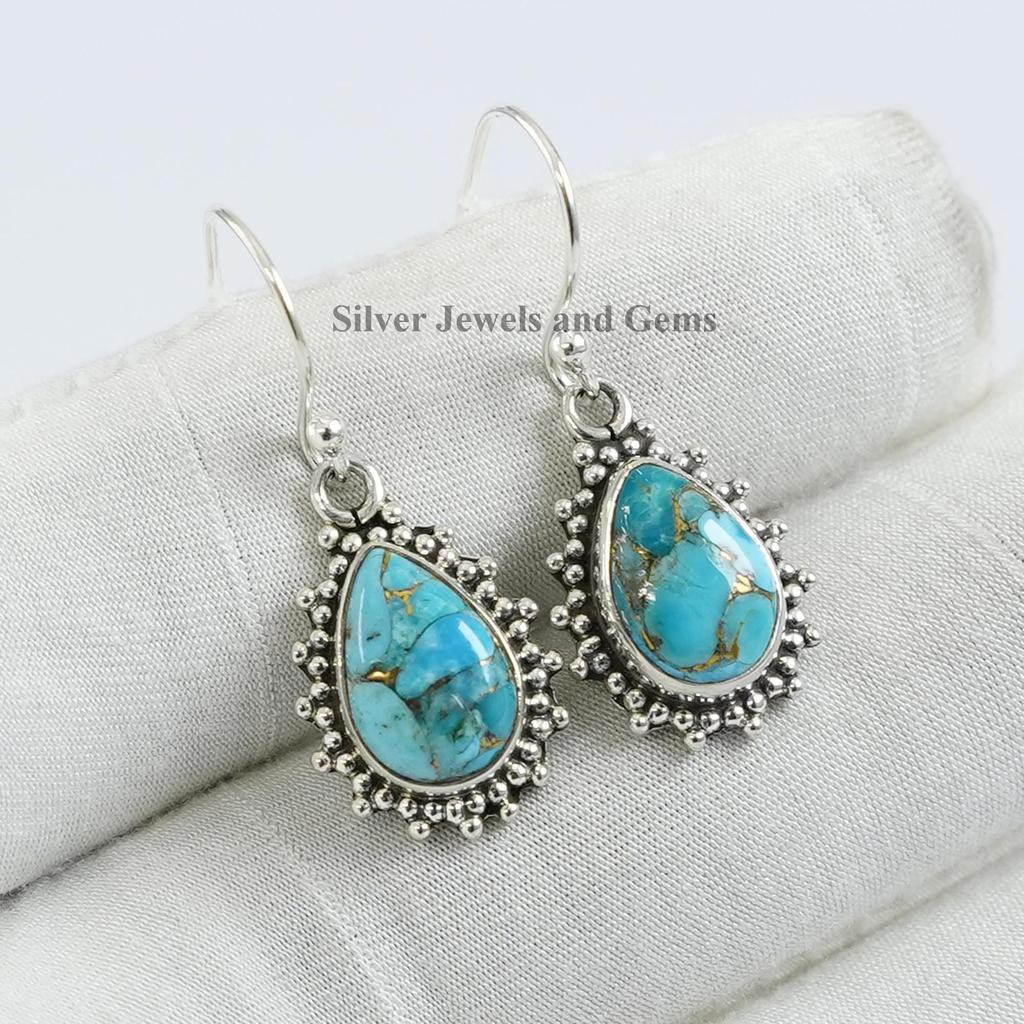 Teardrop Copper Turquoise Earrings, 925 Sterling Silver, Boho Style