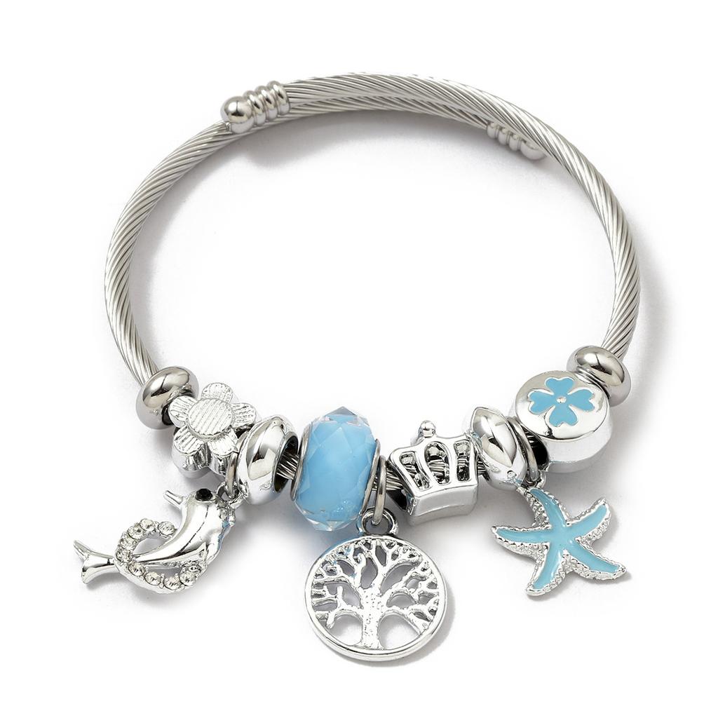 Simple Fashion Stainless Steel Bracelet With Crystal Bead Pendant Unisex Jewelry