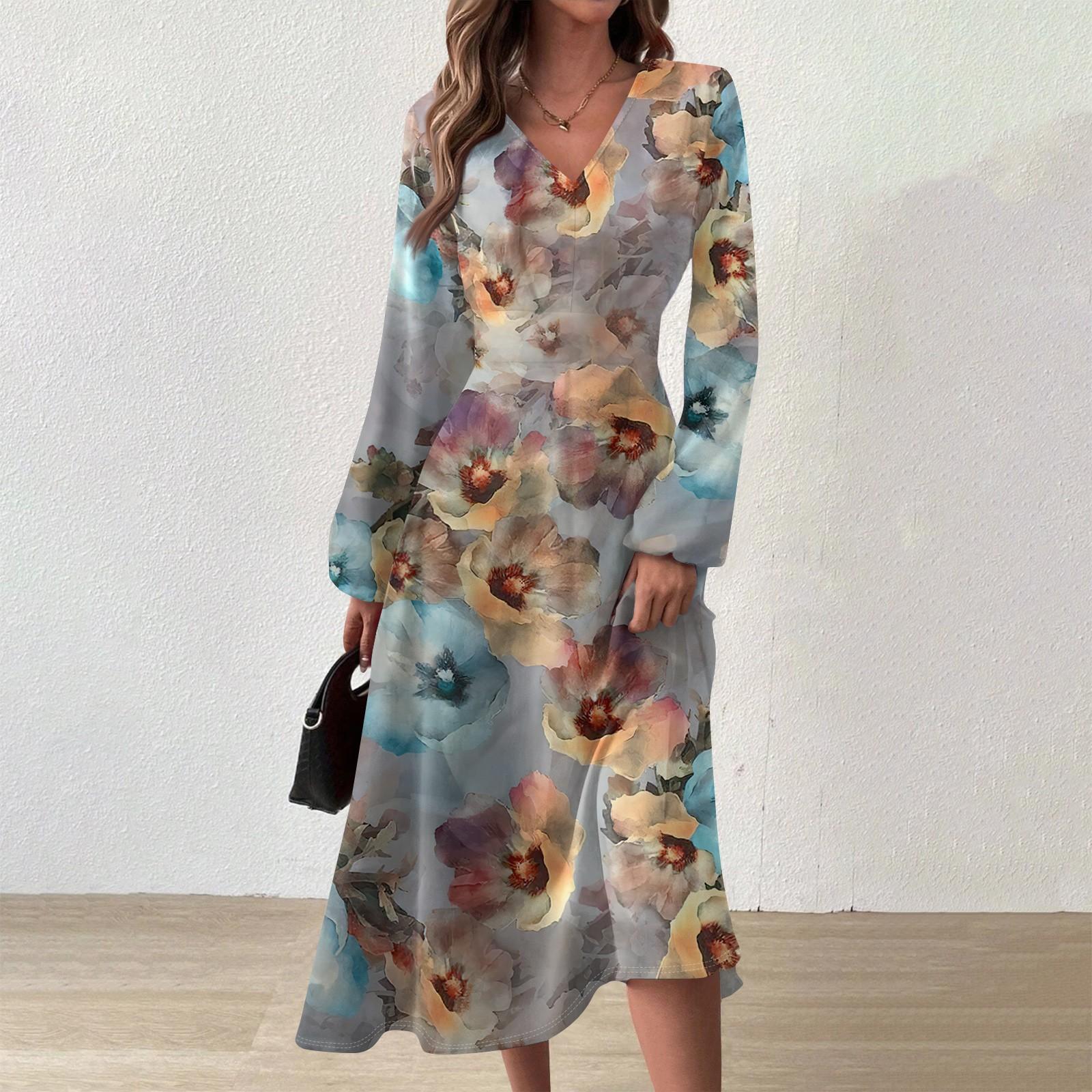 

Женское осенне-зимнее повседневное модное длинное платье с v-образным вырезом и длинным рукавом с принтом XXL светло-синий