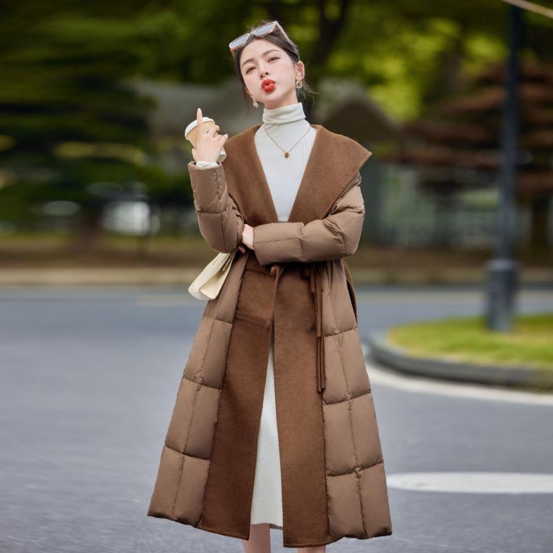 Extra Long Over-the-Knee Down and Wool Coat with Belt and Large Lapel for Autumn & Winter YJ1393