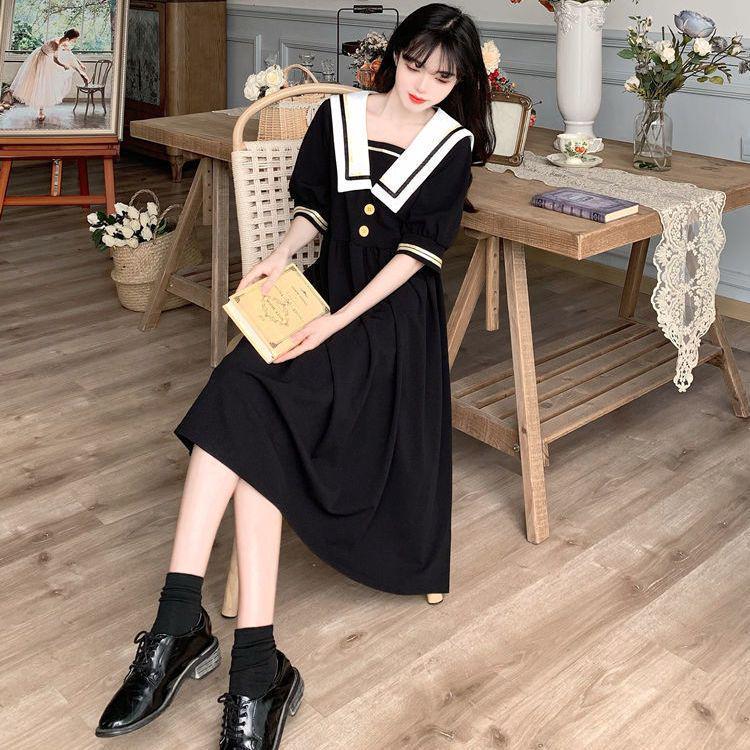 Hepburn Style French Retro Women's Summer Plus Size Navy Collar Waist Slimming Long Dress