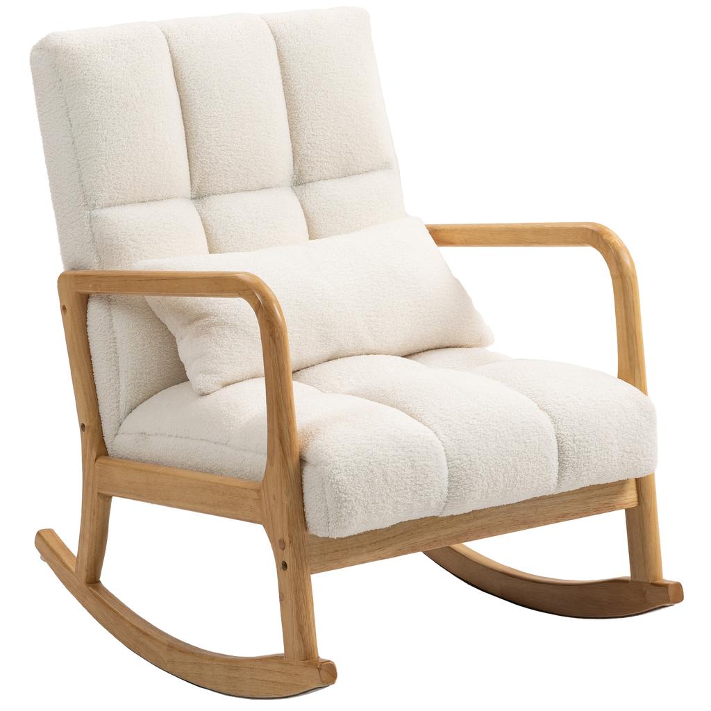 Rocking Armchair 90 degrees-130 degrees with Lumbar Cushion upholstered in Sherpa Fabric, 64.5x82x89 cm, White and Wood Colour