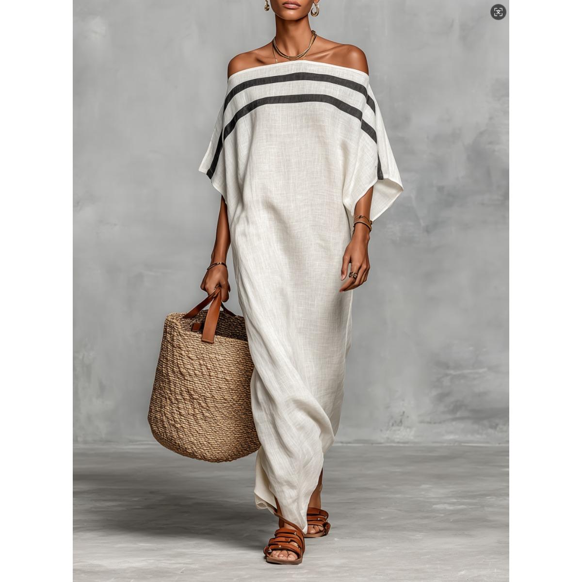 Women s Off Shoulder Batwing Short Sleeve Striped Oversized Linen Look Maxi Casual Dress S белый