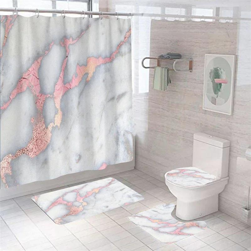 Luxury 3D Marble Shower Curtain Set Polyester Fabric Waterproof Batthroom Curtains Modern Style Printing Bath Toilet Cover Mat