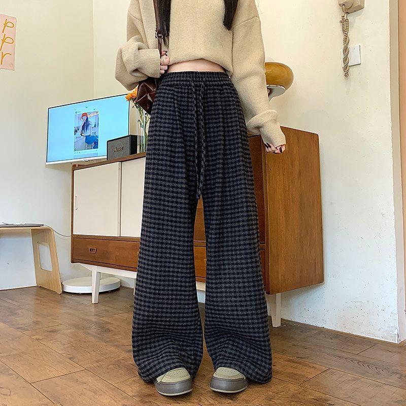 

Plus Size Plaid Woolen Drawstring Pants - Thickened, Elastic Waist, Straight Wide Leg for Autumn/Winter 3XL (up to 80kg)