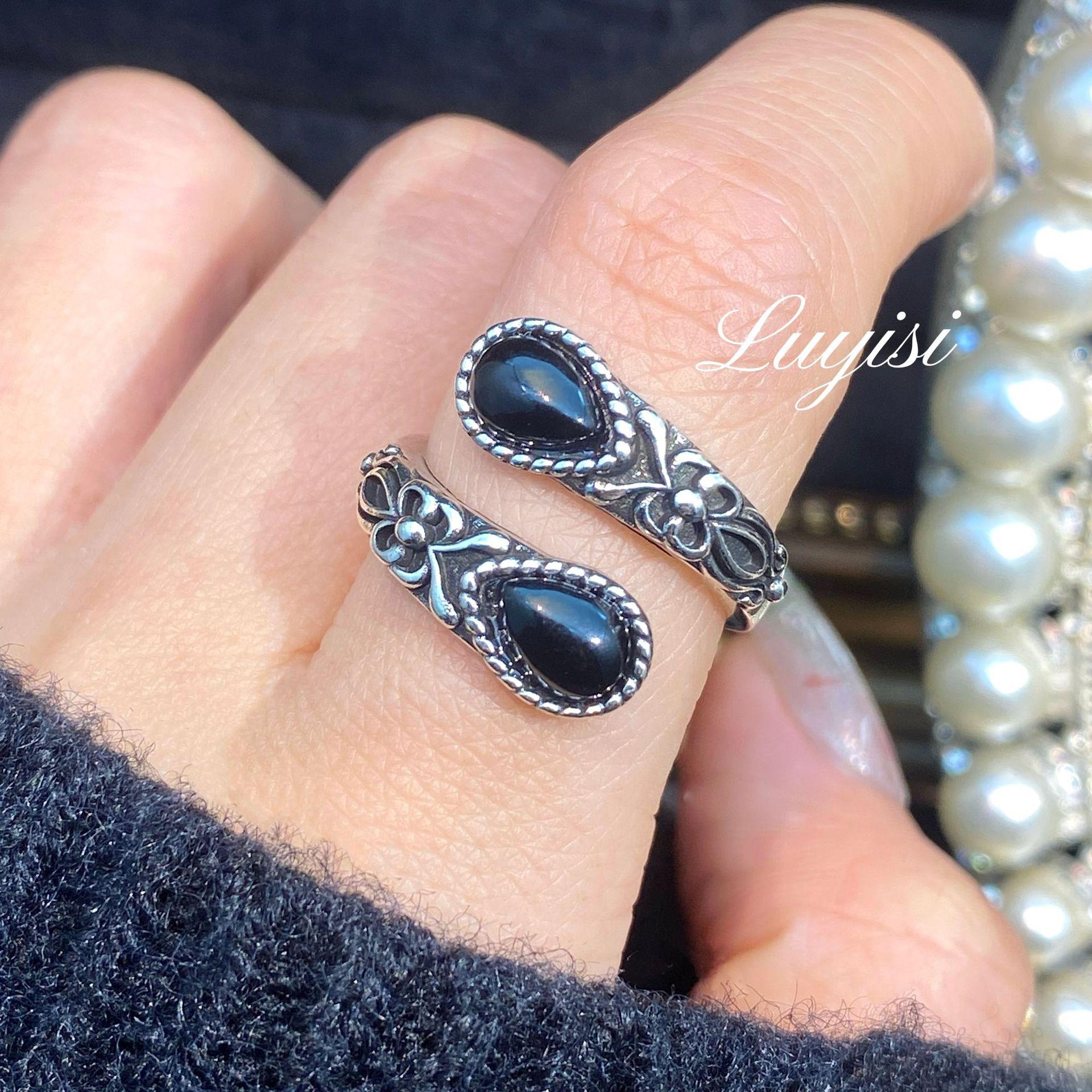 

Vintage black agate spoon, moonstone ring, women s simple fashion ring opening adjustable
