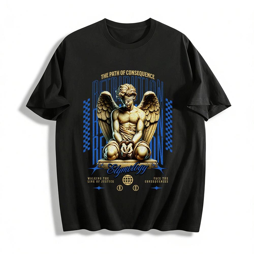 

Vintage Justice Angel Statue Print Tee Edgy Streetwear Casual Top Pure cotton T-shirt 6XL