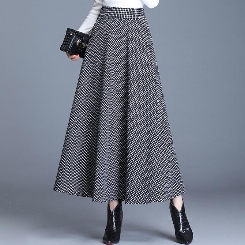 Aktualisierter Winter High-Waist Großer Schirmrock Vintage-Stil Mittellang Kariert Hüftbedeckend Temperament Wollrock für Damen