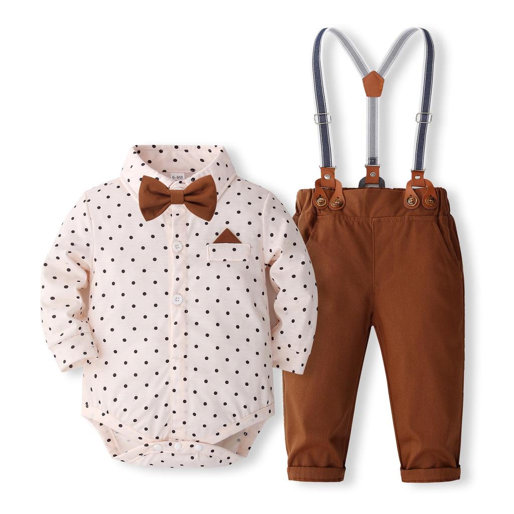 Baby Boy Gentleman Polka Dot Bodysuit & Overalls Set with Bow Tie - Long Sleeve, Two-Piece, Spring/Autumn Formal Wear