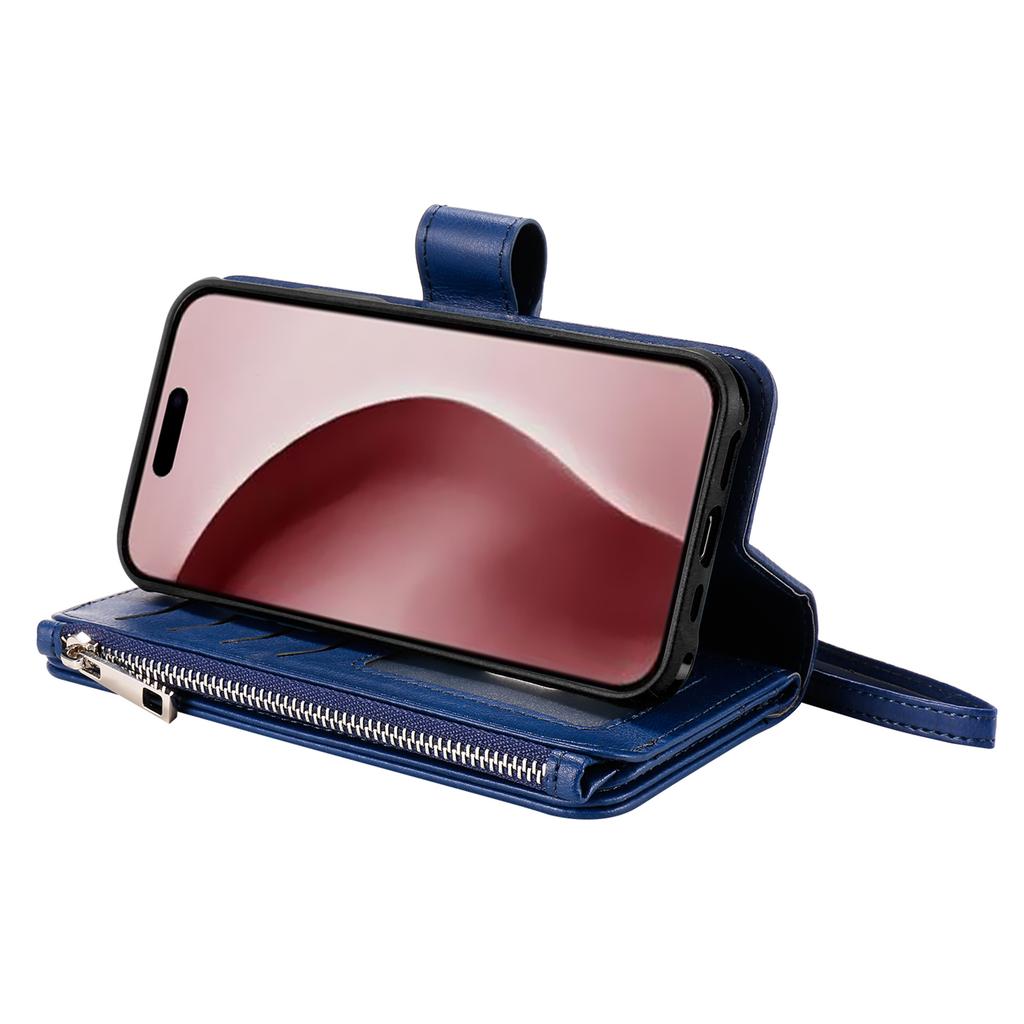 For iPhone 16 Pro Magnetic Leather Case Mobile Cover with Detachable Zipper Wallet Strap