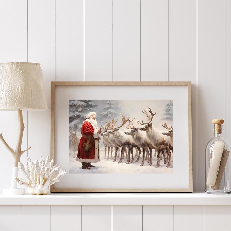 Vintage Santa Claus On A Swing Poster Reindeer Prints Canvas Printing Christmas Holiday Wall Art Picture for Home Decor Gifts