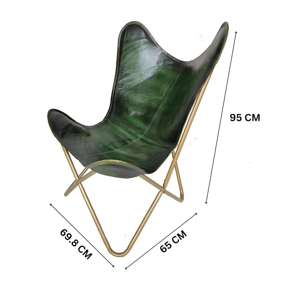 Classic Green Leather Butterfly Chair - Comfortable Folding Living Room Butterfly Chair – with Golden Powder Coated Iron Stand