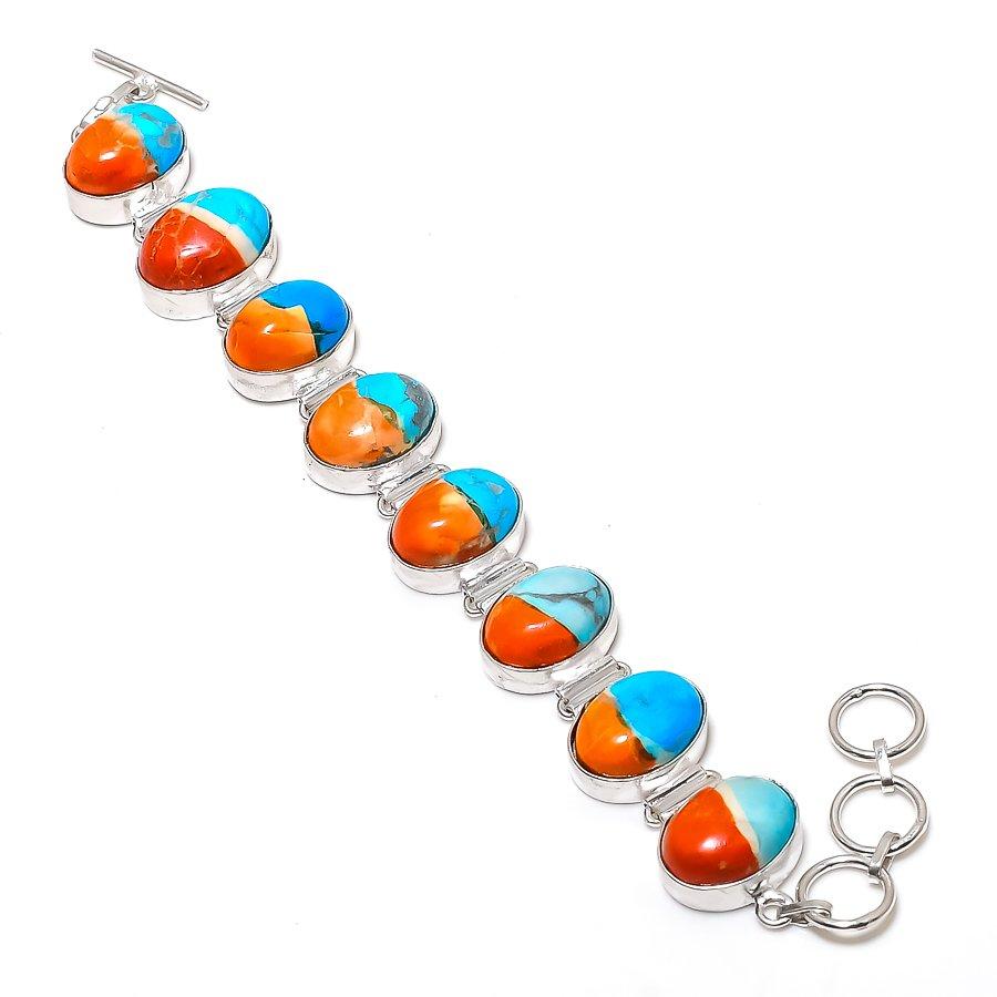 Natural Spiny Oyster Gemstone Handmade 925 Sterling Silver Bracelet 7-8" ETC-14466