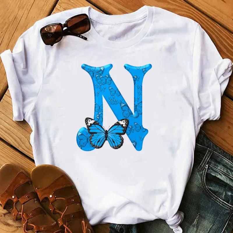 26 English Letters Butterfly Print Tshirt Short Sleeve Women Tops Graphic Harajuku Harajuku Sleeve Casual Aesthetic Clothes