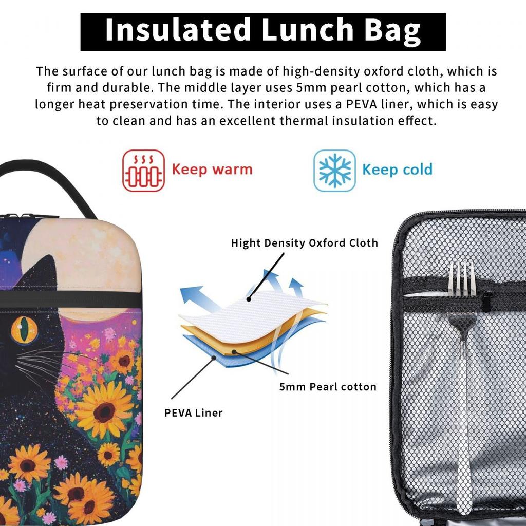 Sunflowers Surround Cat Pattern Insulated Lunch Bag for Women Kids Portable Food Boxes Thermal Lunch Box Tote
