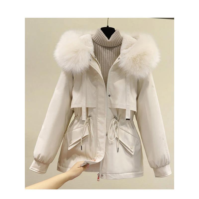 Cotton Padded Plus Size 2XL Winter Big Fur Jacket Women Loose Slim Warm Hooded Parka Coat Down Jacket