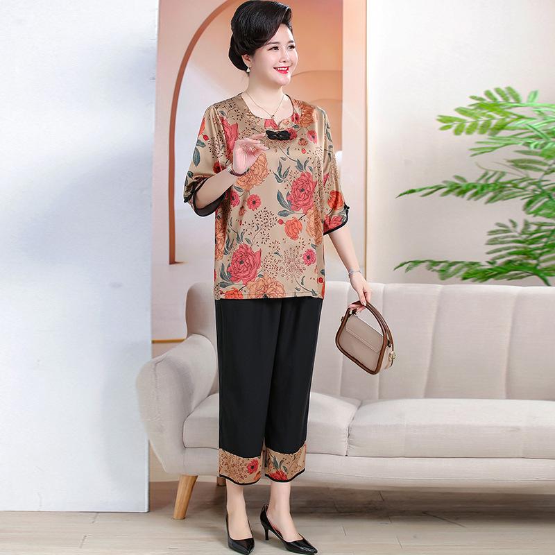 7XL Summer Plus Size Chinese Style Two-Piece Set for Middle-aged and Elderly Women