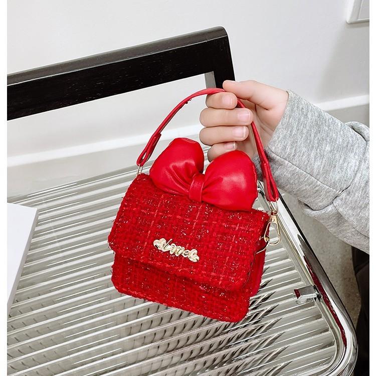 Kids Trendy Woolen Shoulder Bow Bag Chain Element Breathable Everyday Material