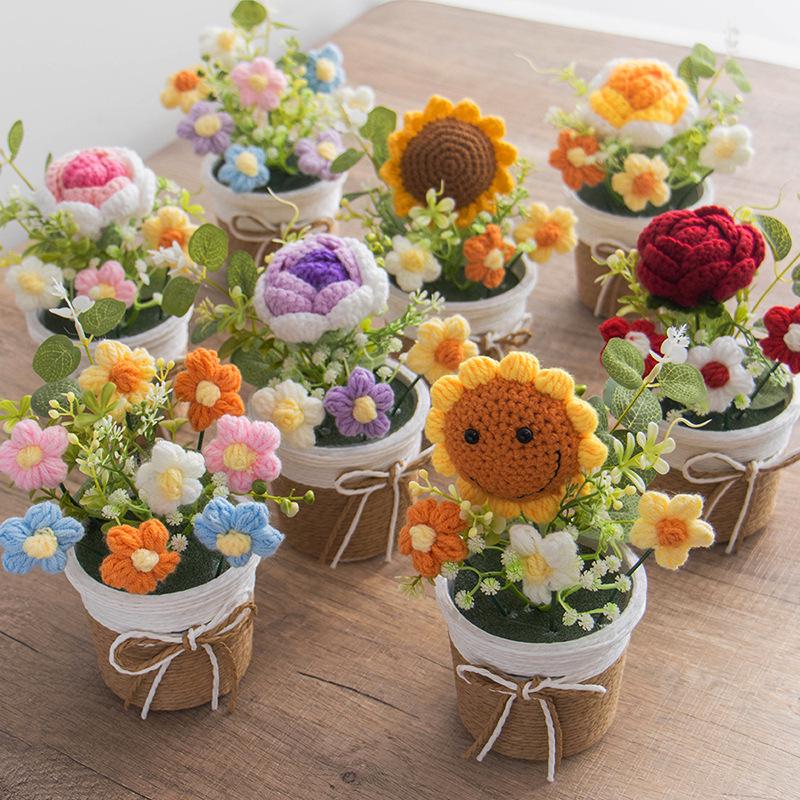Cross-Border Sunflower Yarn Knitted Bonsai Teacher's Day Gift - Woven Flower Desktop Ornament