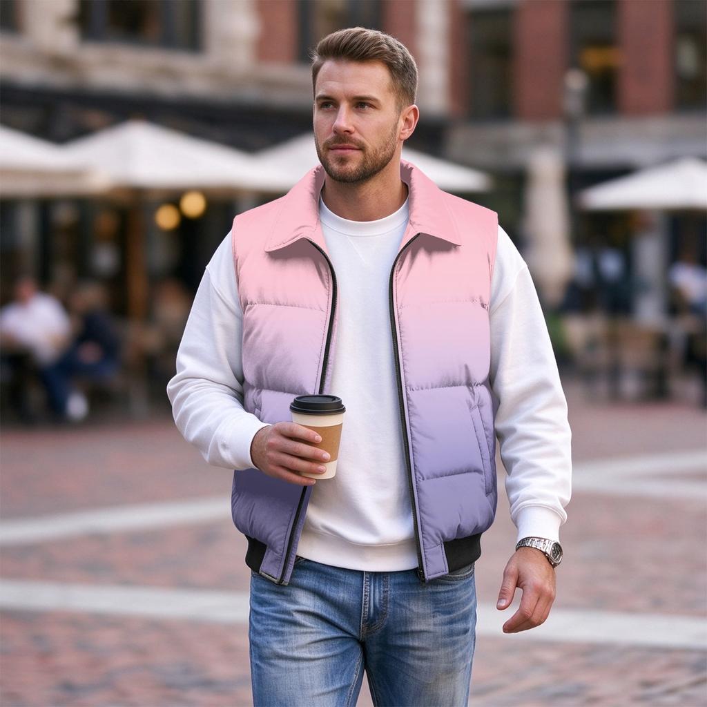Men's Casual Loose Fit Padded Vest with Pockets, Zip Front and Lapel Collar, Polka Dot Print for Lounging and Daily Wear