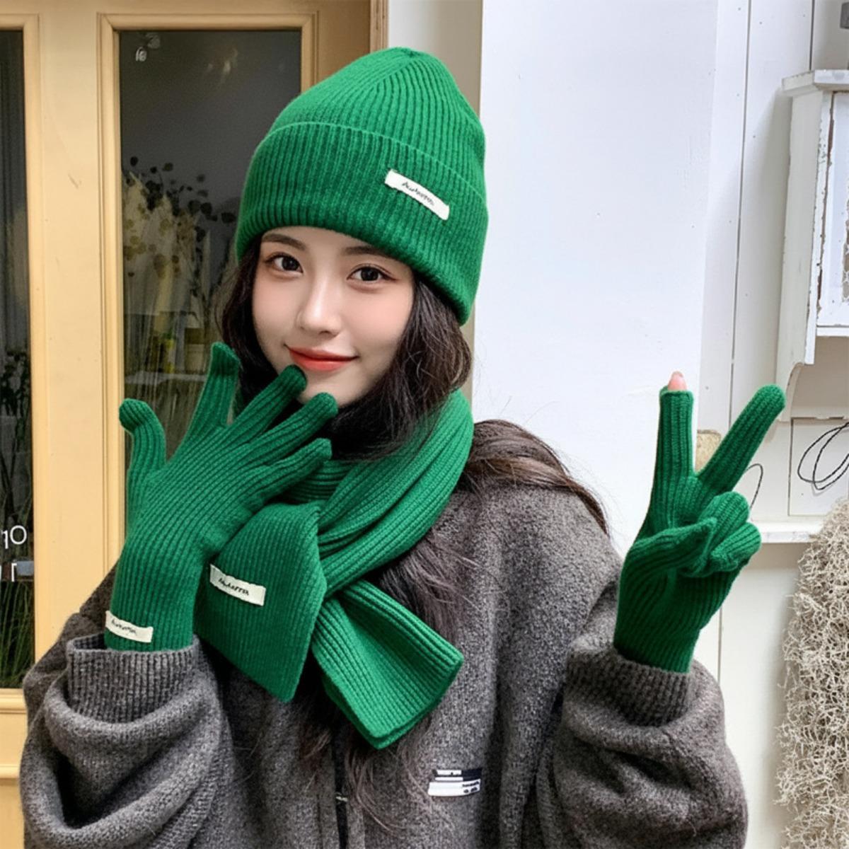 

Набор из трех предметов, Вязаная шапка, Шерстяная шапка, Вязаный шарф, Перчатки, Плюшевый, Теплый, Новогодний, Рождественский набор зелёный