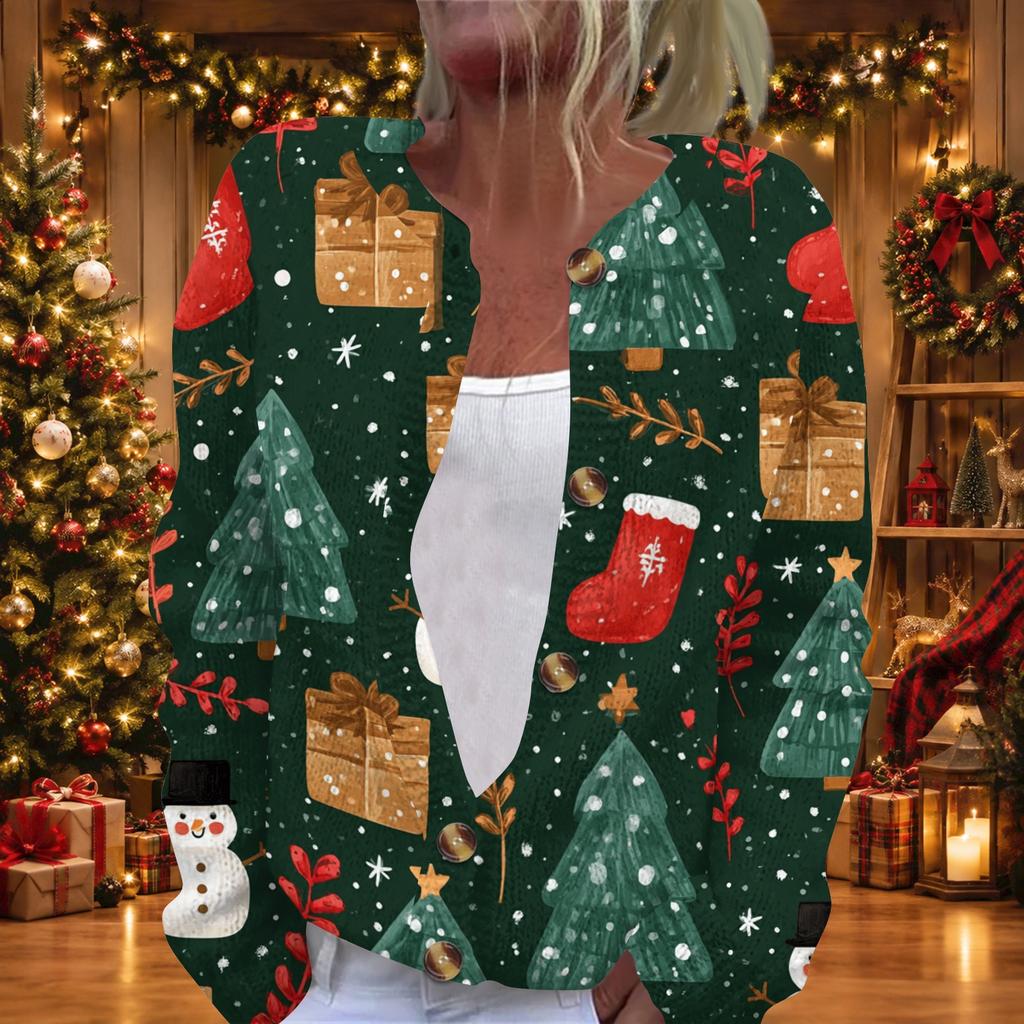 Women's Christmas Print Long Sleeve Knit Cardigan, Button Front Holiday Sweater