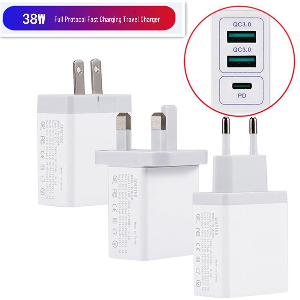 38W Dual USB Fast Charger with QC3.0 & PD Port, Compatible with EU/US/UK Plugs