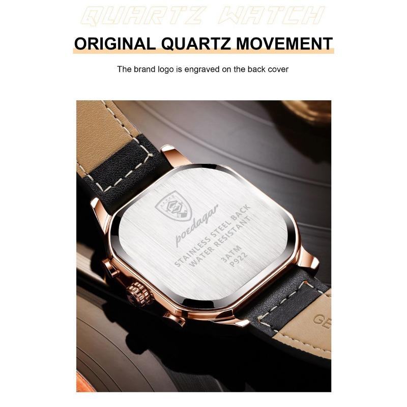 POEDAGAR Fashion Men Wristwatches Luxury Chronograph Luminous Waterproof Date Watch Square Dial Leather Quartz Watches