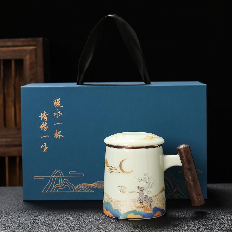 

Chinese Style Crane Mug Set of Three Office Tea Gift for Leaders and Elders Ceramic Handle Water Mugs 301-400ml