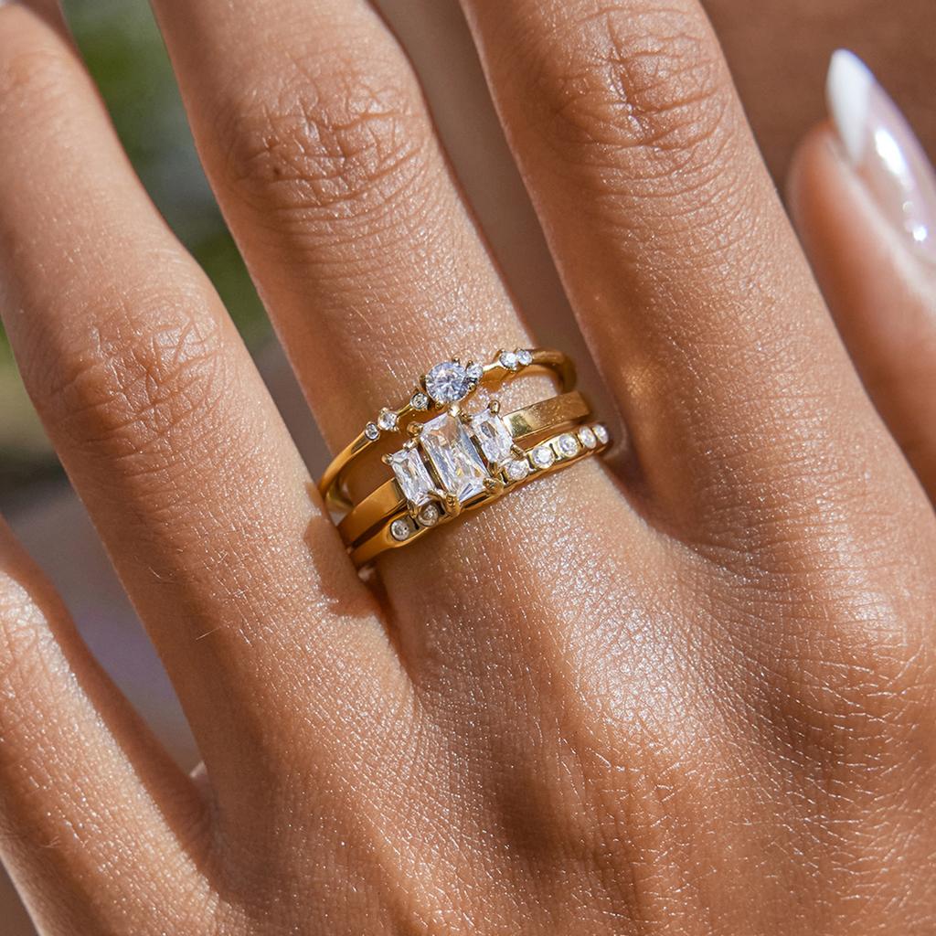 Youthway Minimalist Square Zirconia Ring Stainless Steel 18K Gold Color Stackable Band Women's Rings for Wedding Party Gifts