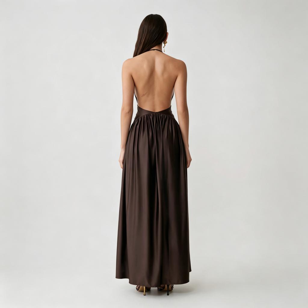 European and American women's clothing new sleeveless sexy neck-hanging long dress pleated waist backless suspender dress women's wholesale