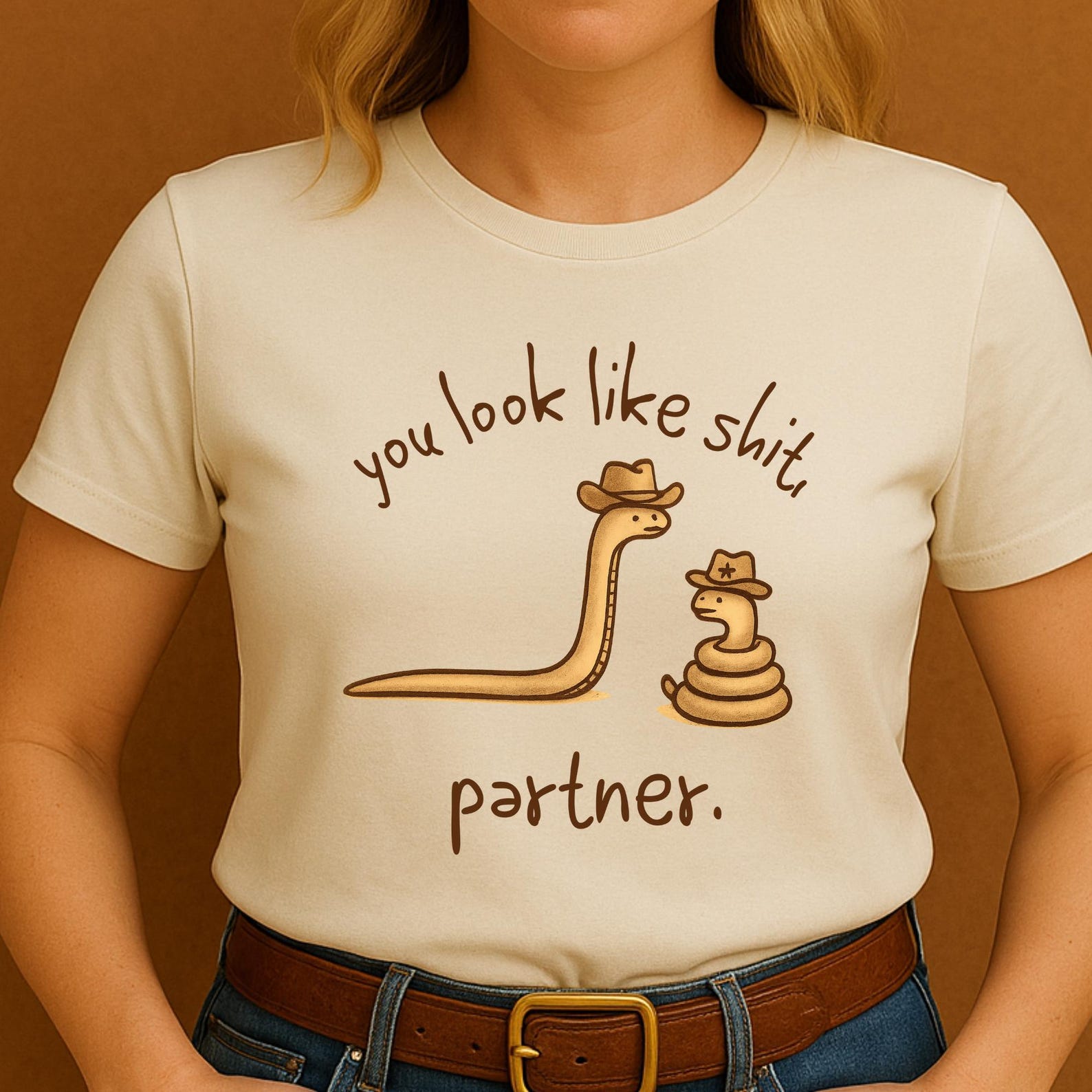 You Look Like Shit Partner – Funny Western Snake Cartoon Shirt – Sarcastic Cowboy Humor Tee”. S