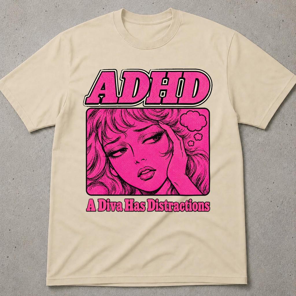 Camiseta Divertida para TDAH, Una Diva Tiene Distracciones, Camiseta de Burbuja de Pensamiento Flotante, Ideas de Soñador, Regalo Gráfico Rosa Retro, Ambiente Espacial de Ensueño